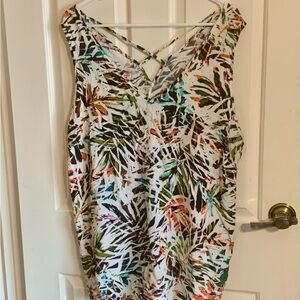 Women’s Tropical Print V-Neck Tank Top with Crisscross Back - White Multicolor